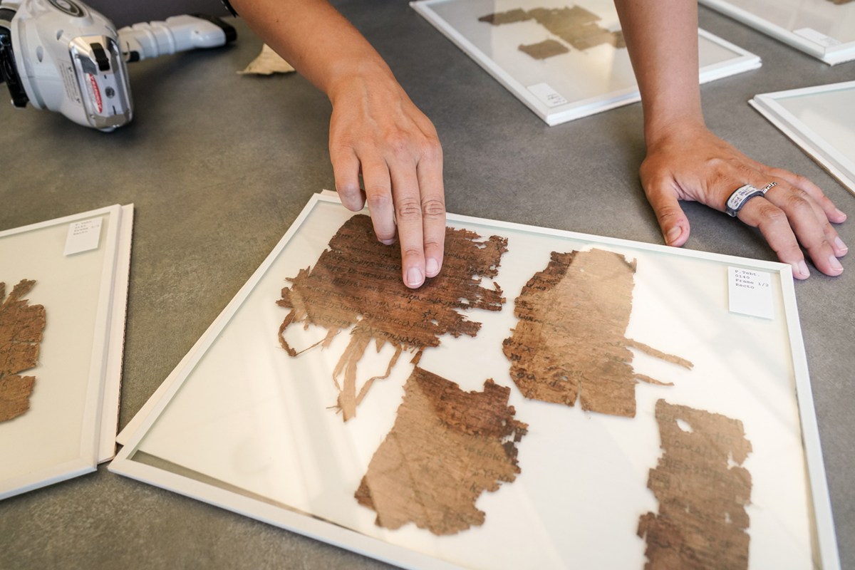 a student points at papyri under glass