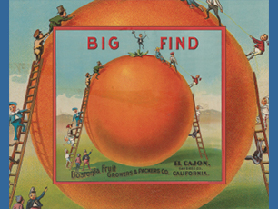 Cartoon images climbing on a large peach