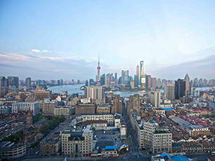 City skyline of tall buildings in Shanghai