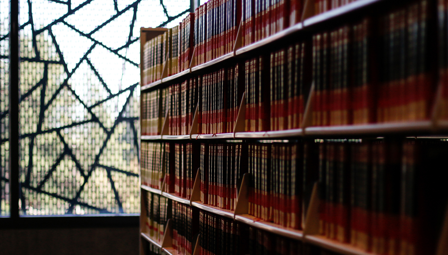 Rows of red books in the East Asian Library