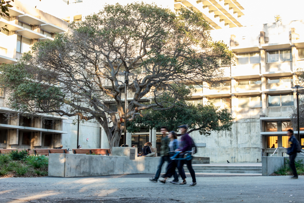 Students walk by the exterior of the Environmental Design Library