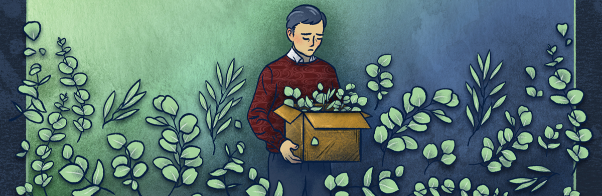Man holds box with leaves surrounding him in illustration