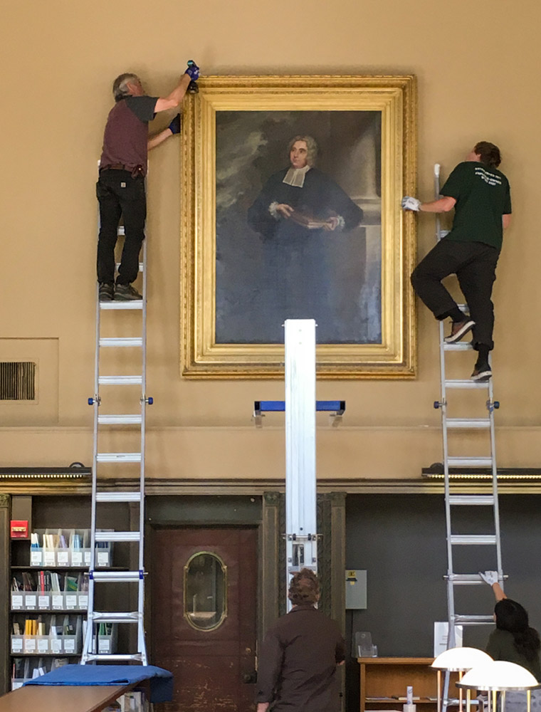 The removal of the "Portrait of George Berkeley" begins