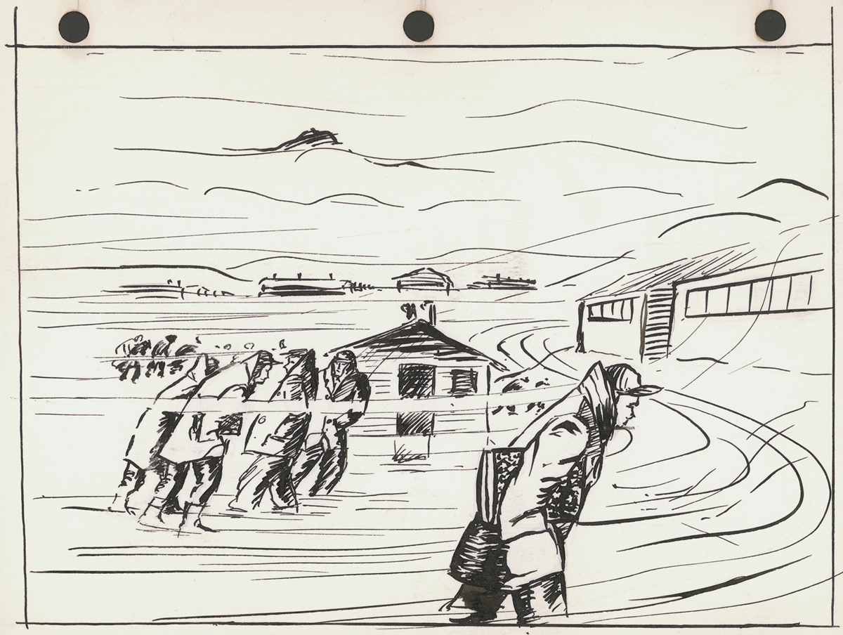 an illustration of someone walking at a concentration camp
