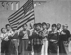 Flag of allegiance pledge at Raphael Weill Public School, Geary and Buchanan Streets.