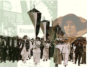 Graphic of suffragists marching