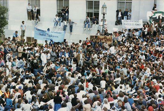UC Berkeley South Africa Divestment Student Protest in front of Sproul Hall, Spring of 1985 Photo courtesy of Alice Watt