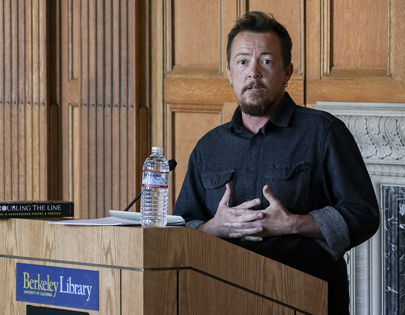 Poet TC Tolbert reads in Morrison Library on Feb. 1, 2018, as part of the admission-free Lunch Poems series. (Photo by Cade Johnson for the University Library)