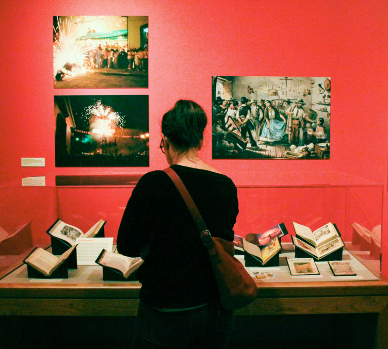 A visitor looks at exhibit items