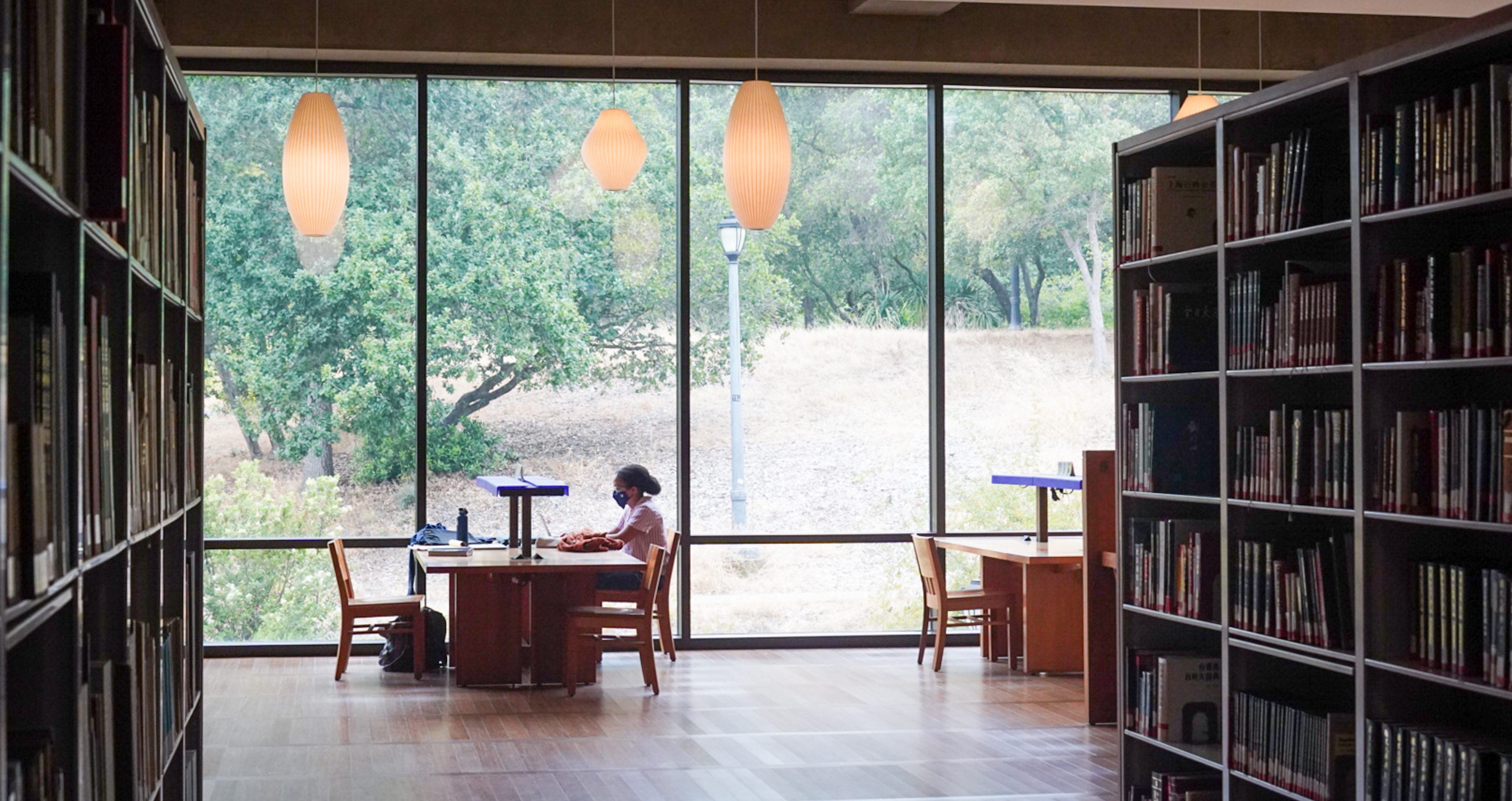 Student in the East Asian Library with mask