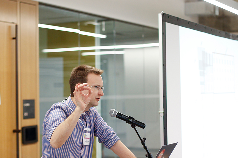 David Mimno of Cornell University gives the keynote presentation on Friday, Jan. 26, 2018, at the HathiTrust Research Center (HTRC) UnCamp 2018 in Moffitt Library. (Photo by Cade Johnson for the University Library)