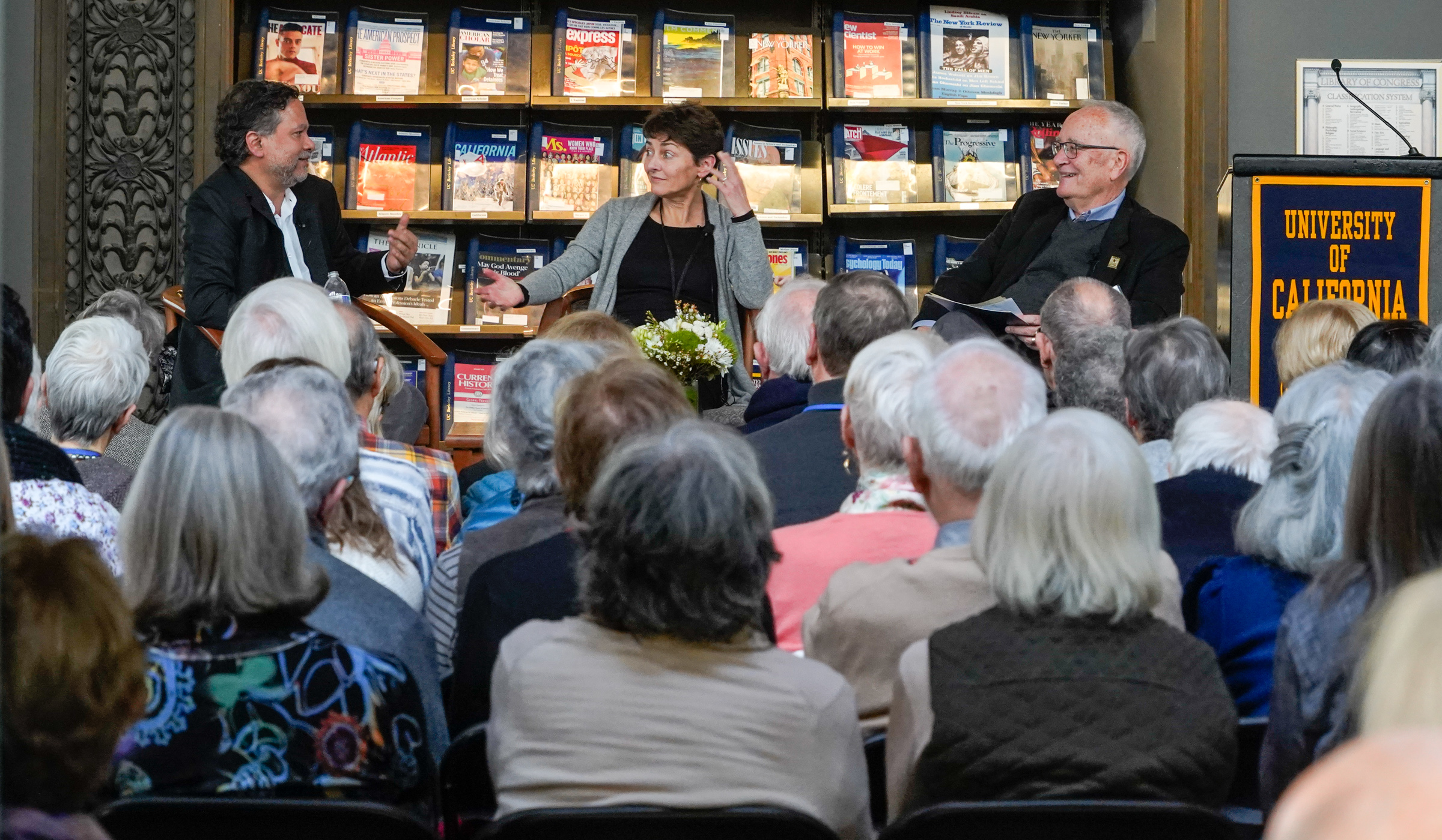 From left, Vikram Chandra, Annie Barrows, and David Duer appear at the Luncheon in the Library. 