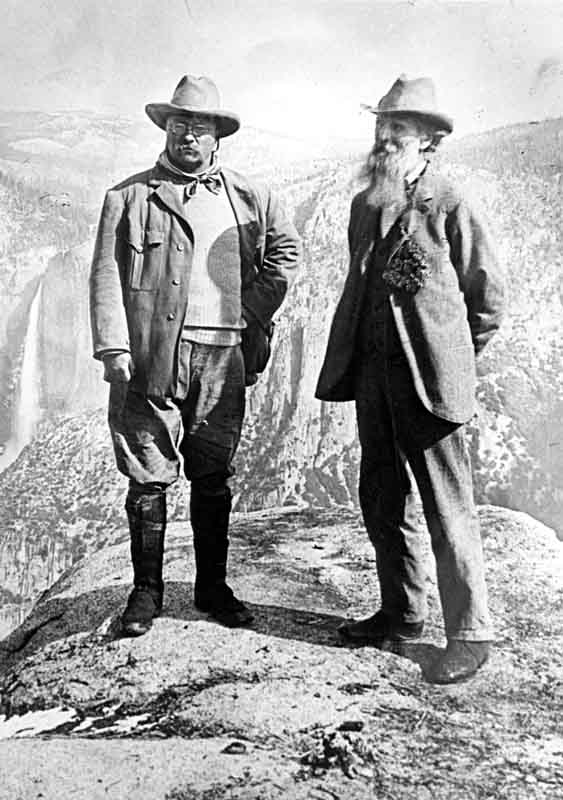 After Theodore Roosevelt's visit to UC Berkeley, he toured Yosemite. Here he is seen at Glacier Point with naturalist John Muir.