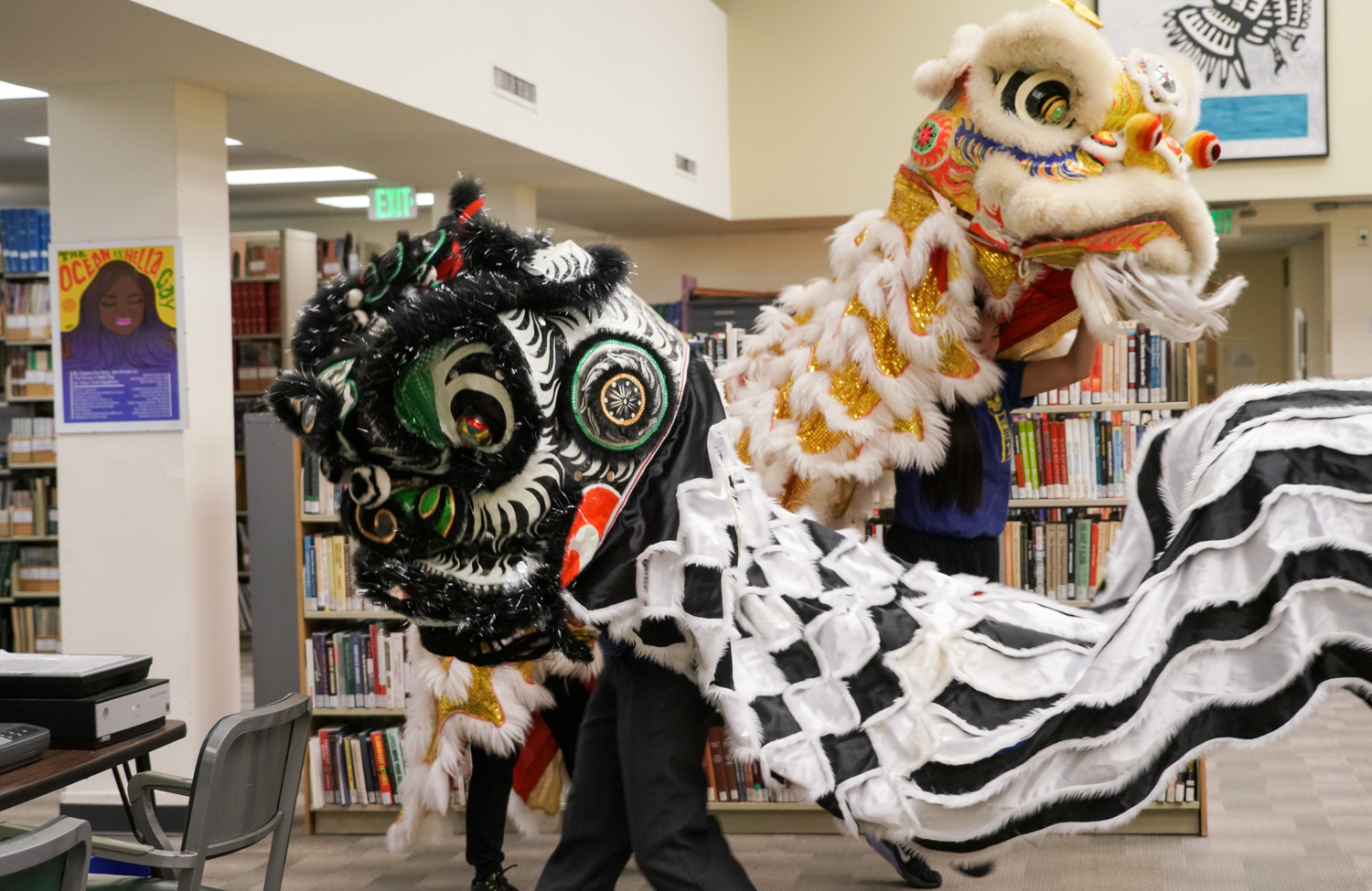 Lion dancers perform inside the Ethnic Studies Library.