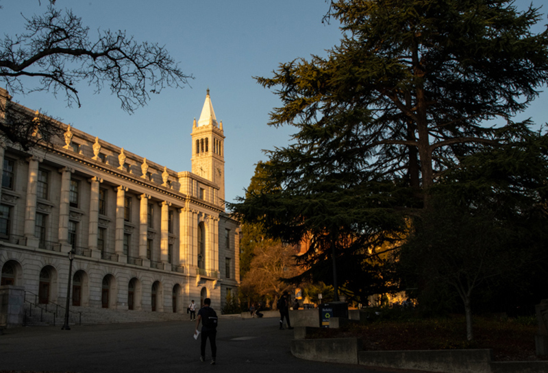Sunlight spills onto the Campanile on the UC Berkeley campus.