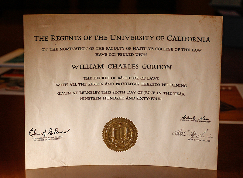Gordon’s diploma from UC Hastings College of the Law is part of Bancroft’s collection. (Photo by Jami Smith for the University Library)