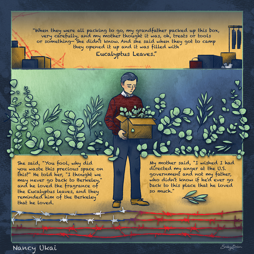 Illustration shows man holding a box with leaves and panels with barbed wire and moving boxes