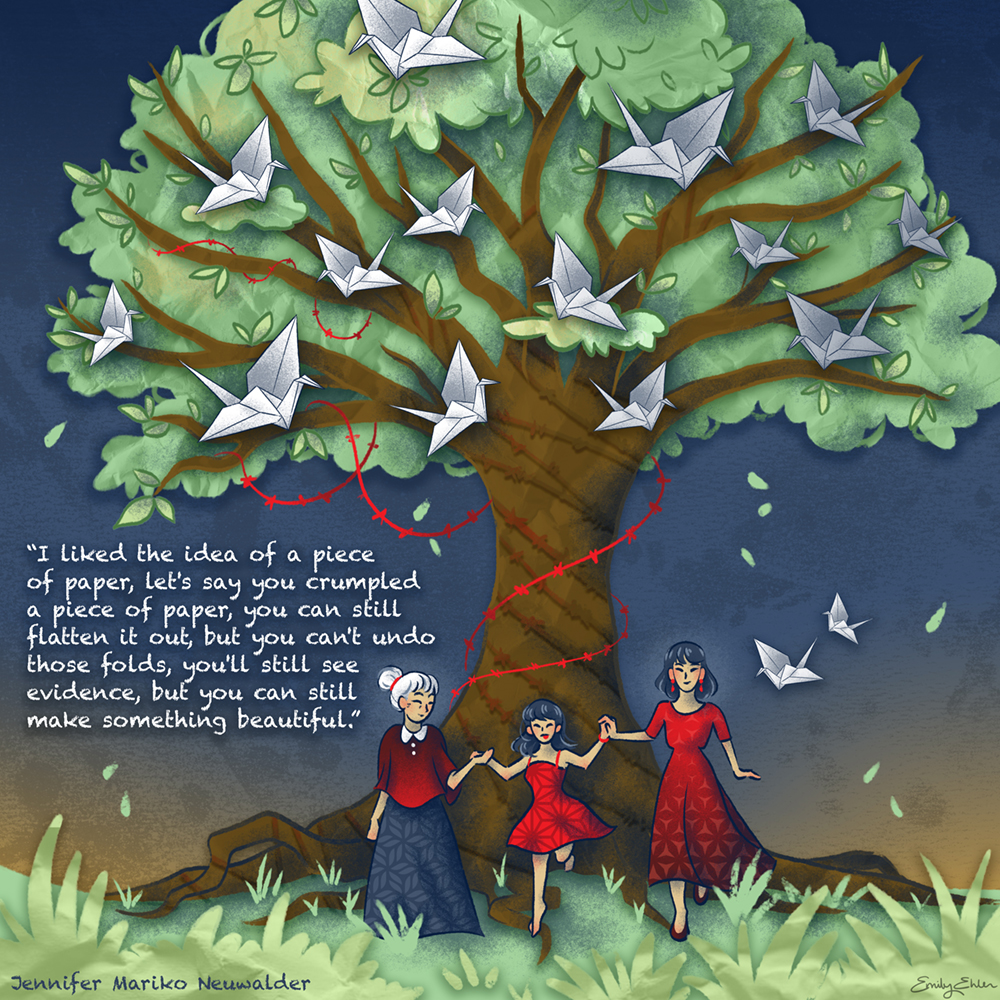 Illustration shows three generations holding hands beneath a tree filled with paper cranes