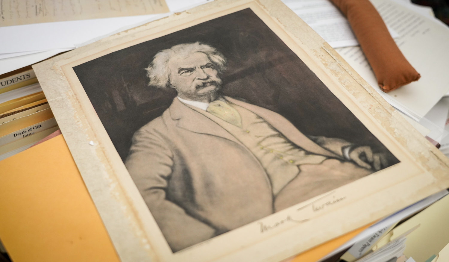 black and white drawing of mark twain